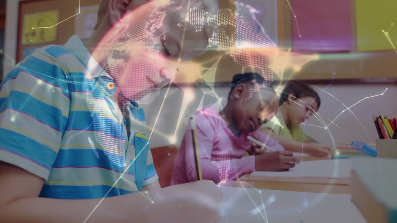 animación de redes de conexiones y globo sobre escolares en el aula