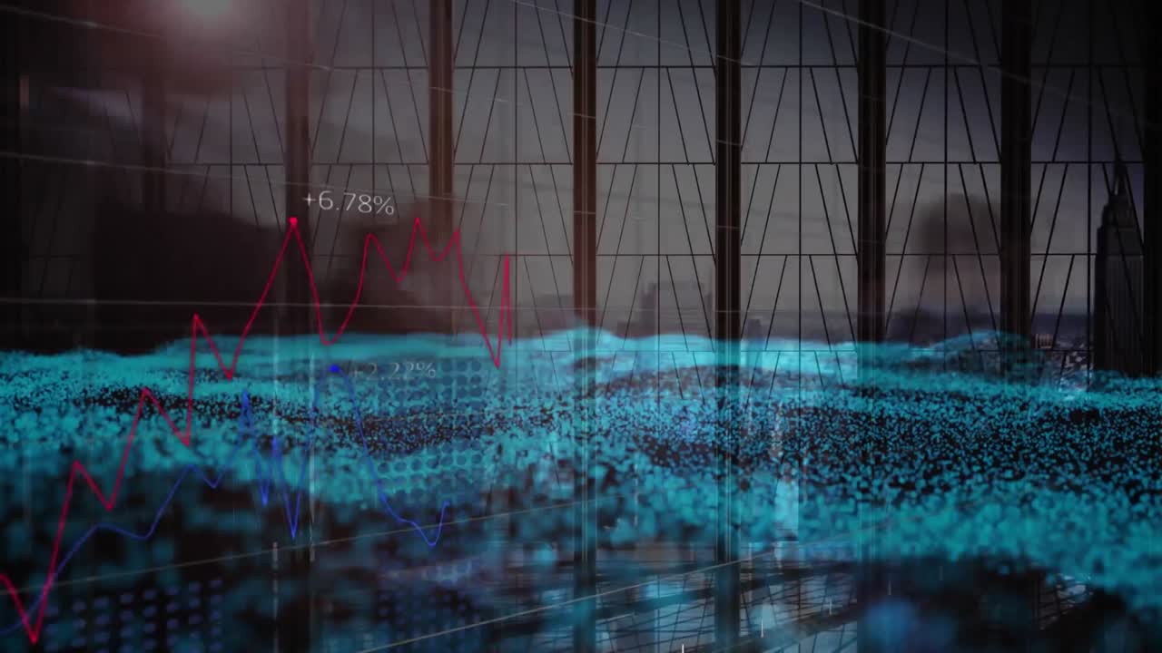 Animation of financial data processing over business people walking