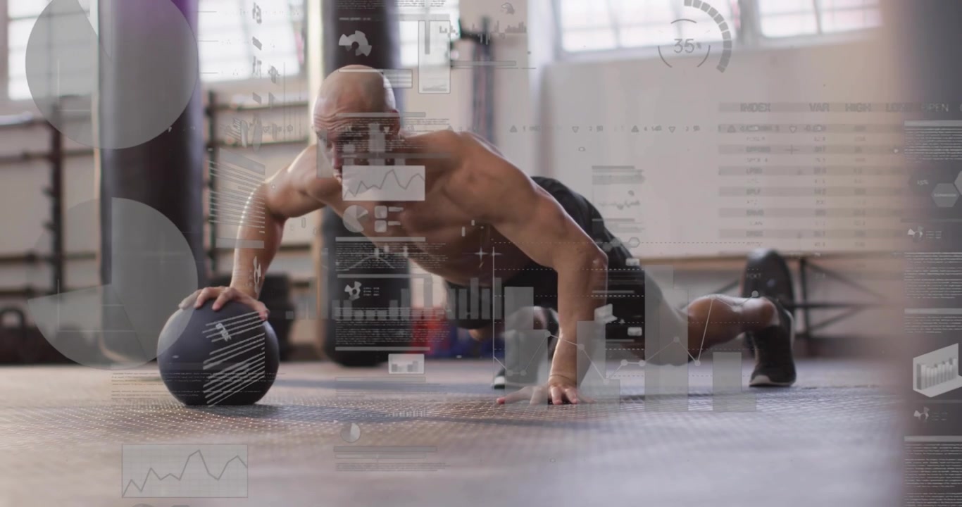Shirtless man starting plank lowering chest shifting weight reaching med ball HUDs tracking fitness