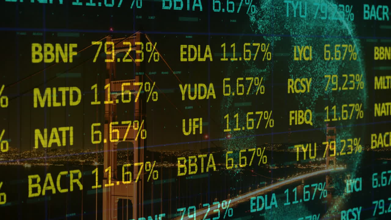 Stock market data animation over cityscape with bridge at night