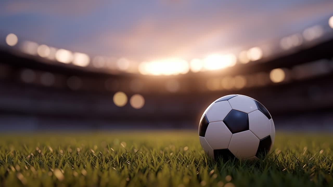 Bola Sepak di Lapangan Rumput Hijau di Stadion saat Matahari Terbenam