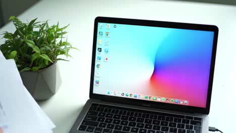a modern workspace setup featuring a laptop displaying a vibrant screen, surrounded by papers and a lush potted plant, perfect for productivity and creativity