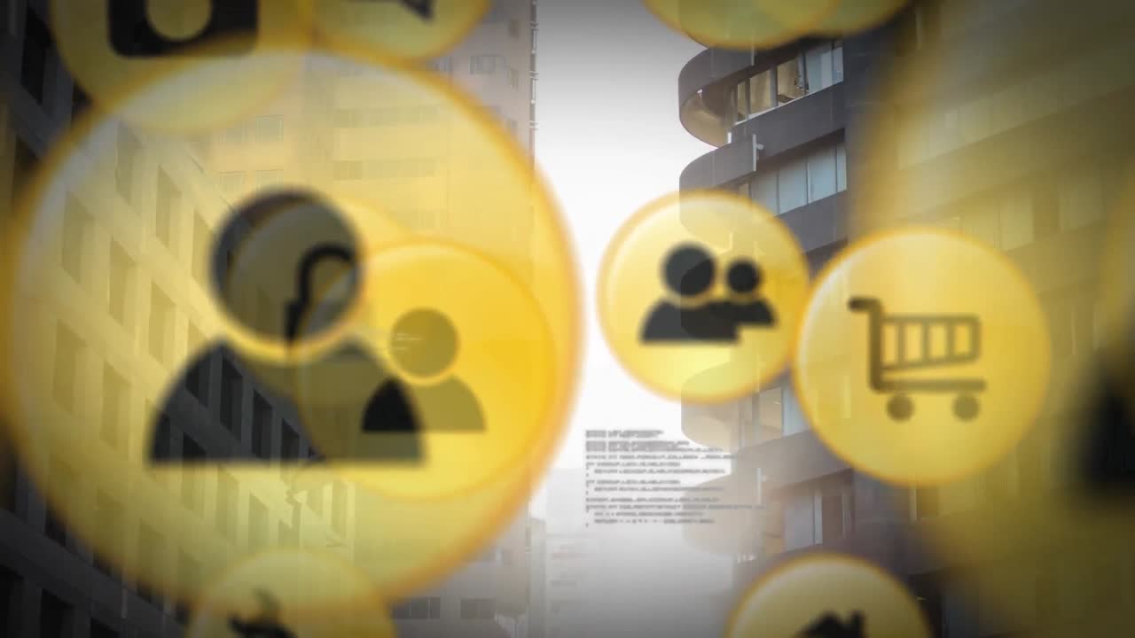 animación de iconos digitales en línea sobre el paisaje urbano