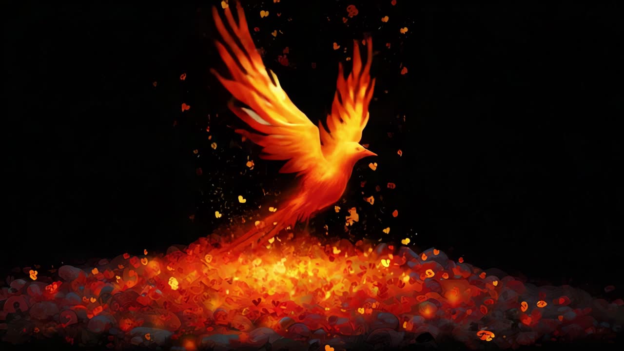 A majestic phoenix rises from the fiery embers, embodying rebirth and transformation amidst a cascade of vibrant orange and yellow sparks against a dark backdrop