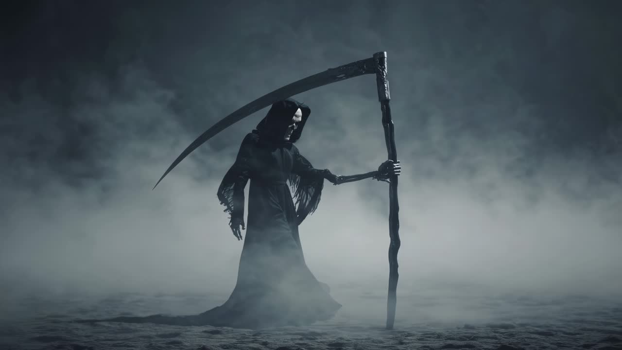 Eerie video concept of a hooded figure with a scythe in fog