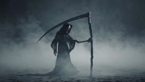 eerie video concept of a hooded figure with a scythe in fog