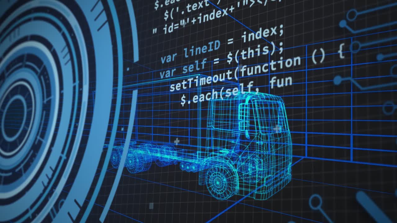 animación de círculos y lenguaje informático sobre modelo 3d de camión contra fondo negro