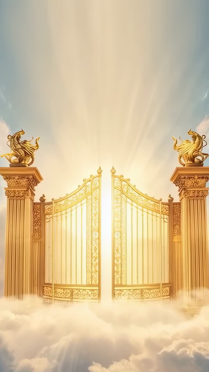 Vertical video: Shining rays bathing golden gate and pillars as clouds thin below statues for halo
