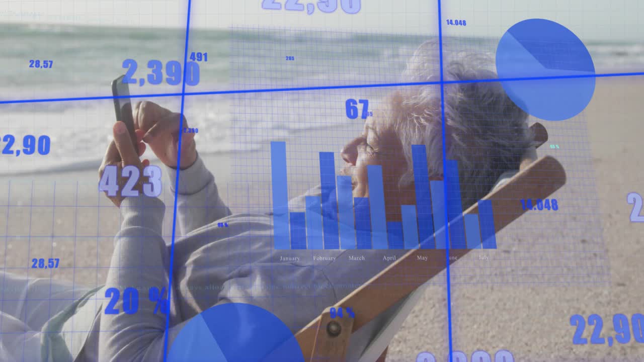 Donna anziana sdraiata su una sedia a sdraio in spiaggia, che tocca lo smartphone e monitora l'animazione dei grafici finanziari