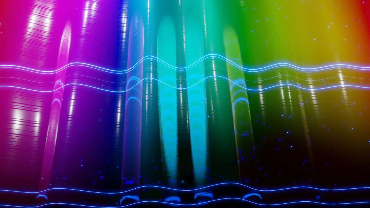 superficie 3d abstracta con hermosas olas, chispas luminosas y gradiente de color brillante, colores del arco iris. las olas corren en una superficie muy brillante y brillante con brillo brillante y líneas de brillo. animación en bucle de 4k