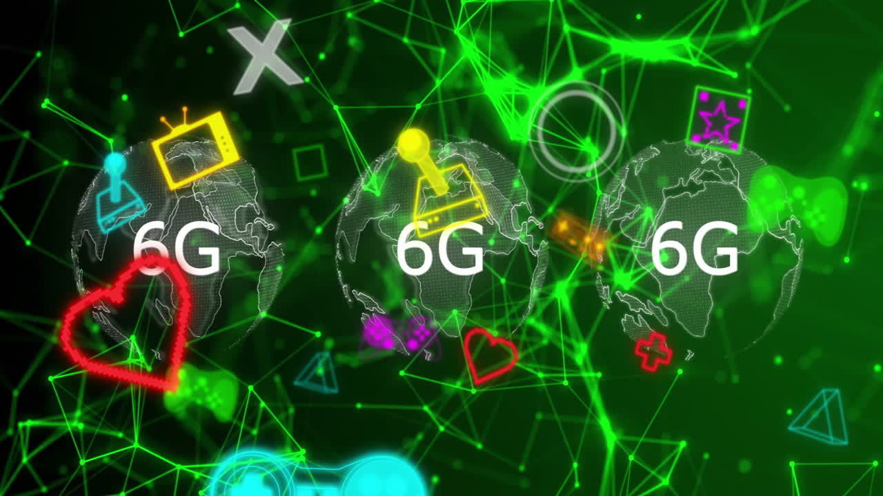 Animation of gaming icons and globes with 6g texts on black background