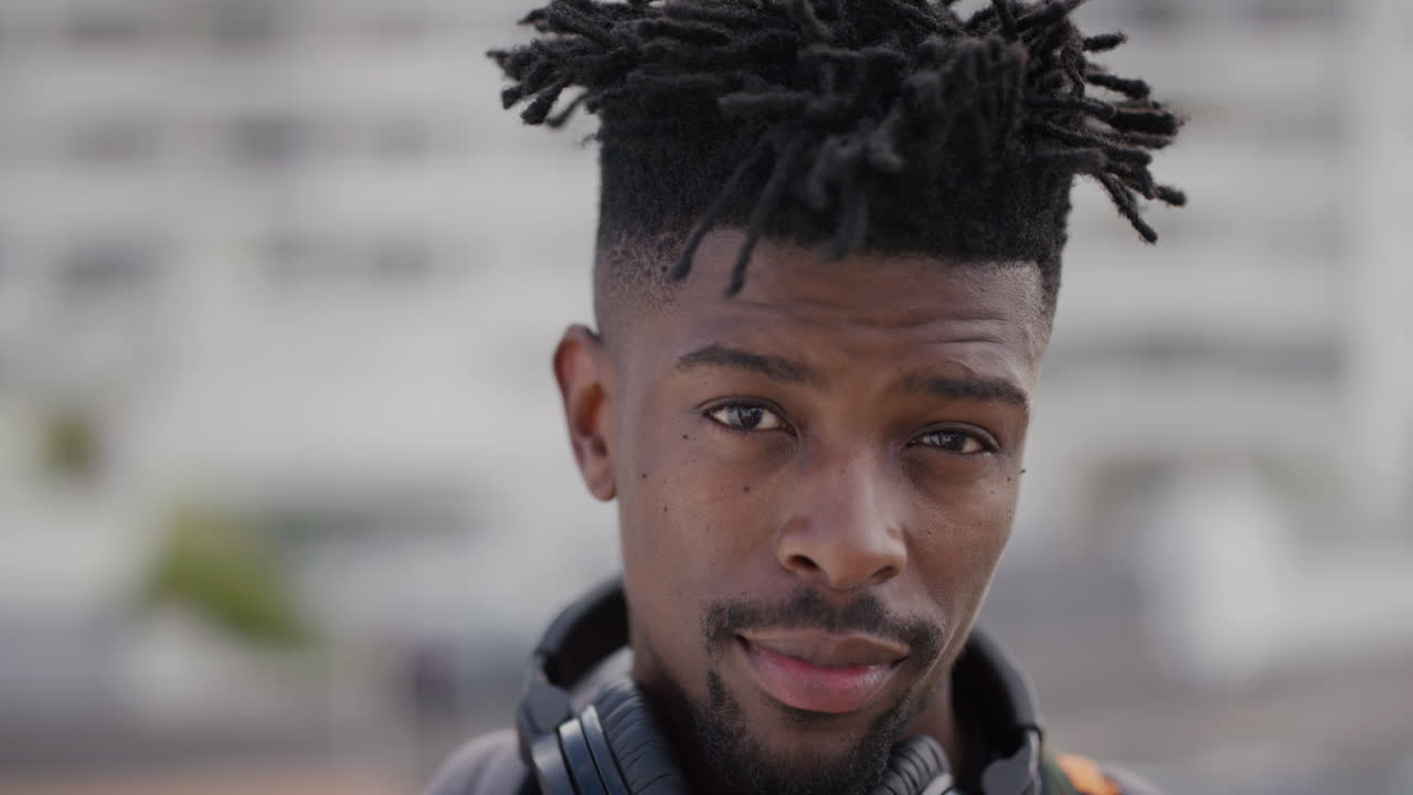 retrato en primer plano hombre afroamericano confiado buscando un hombre negro independiente estilo urbano funky