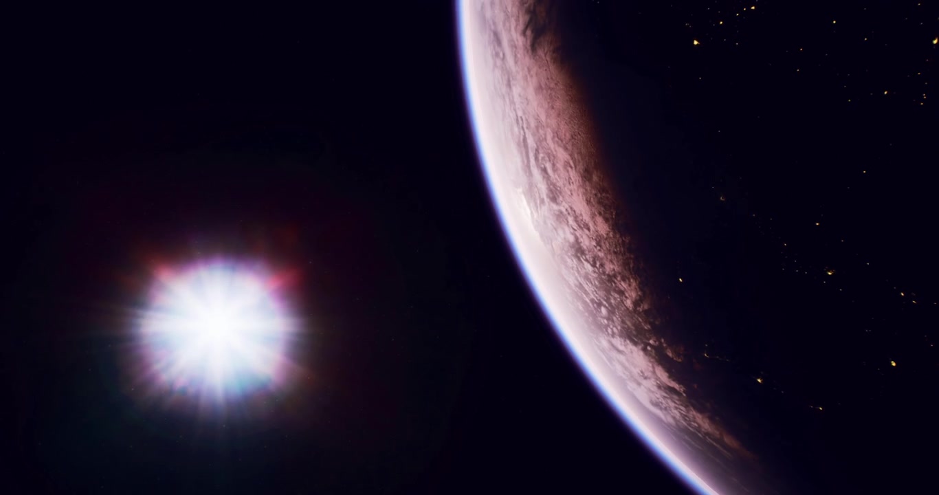 Planetary view with sun radiant glow and earths illuminated surface at night