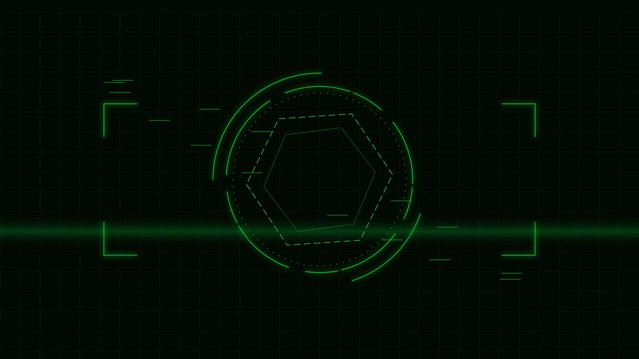Futuristic Green Digital HUD Interface with Rotating Hexagon