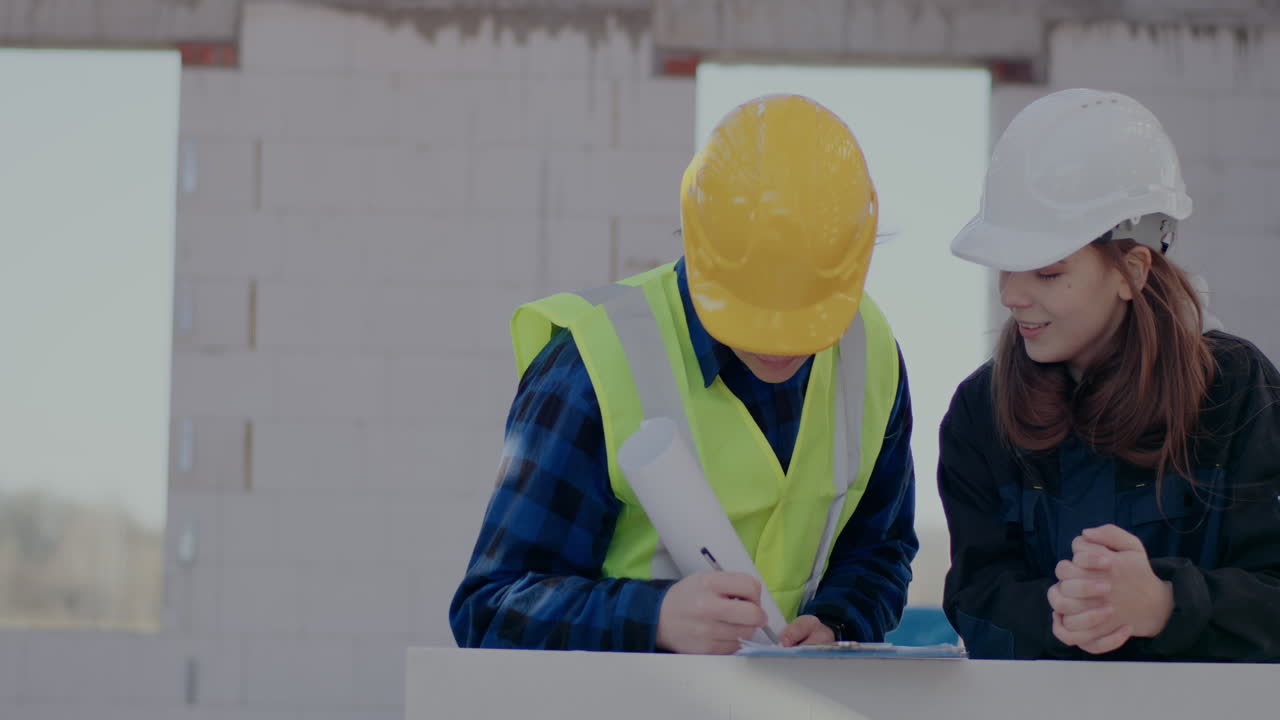 Confident young male construction worker writing on clipboard while discussing with female building contractor at incomplete site