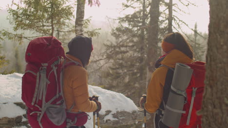 couple hiking in mountains on winter day