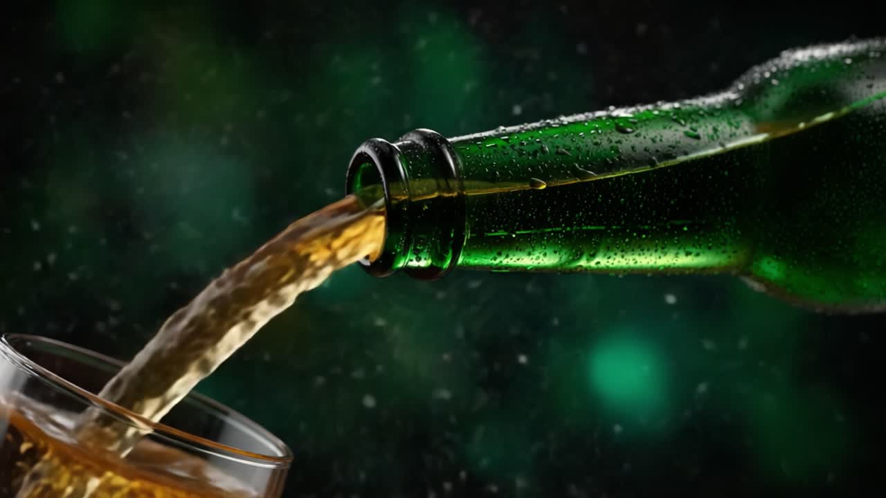 Un primo piano di una bottiglia di vetro verde che versa una rinfrescante bevanda marrone in un bicchiere, mostrando schizzi e condensa, esaltando il momento di piacere.