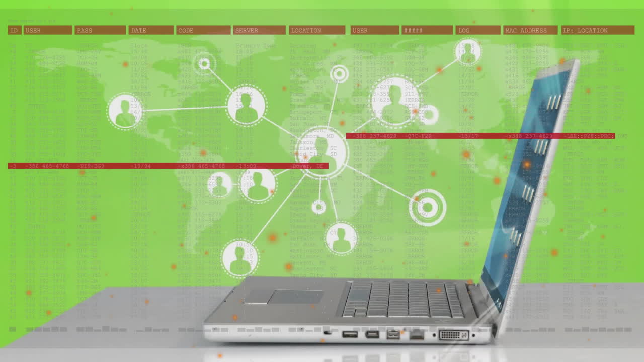 네트워크 연결과 데이터 처리 애니메이션을 가진 데스크에 있는 노트북