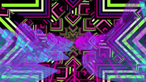 Animation-of-glowing-moving-kaleidoscopic-shapes-over-black-background