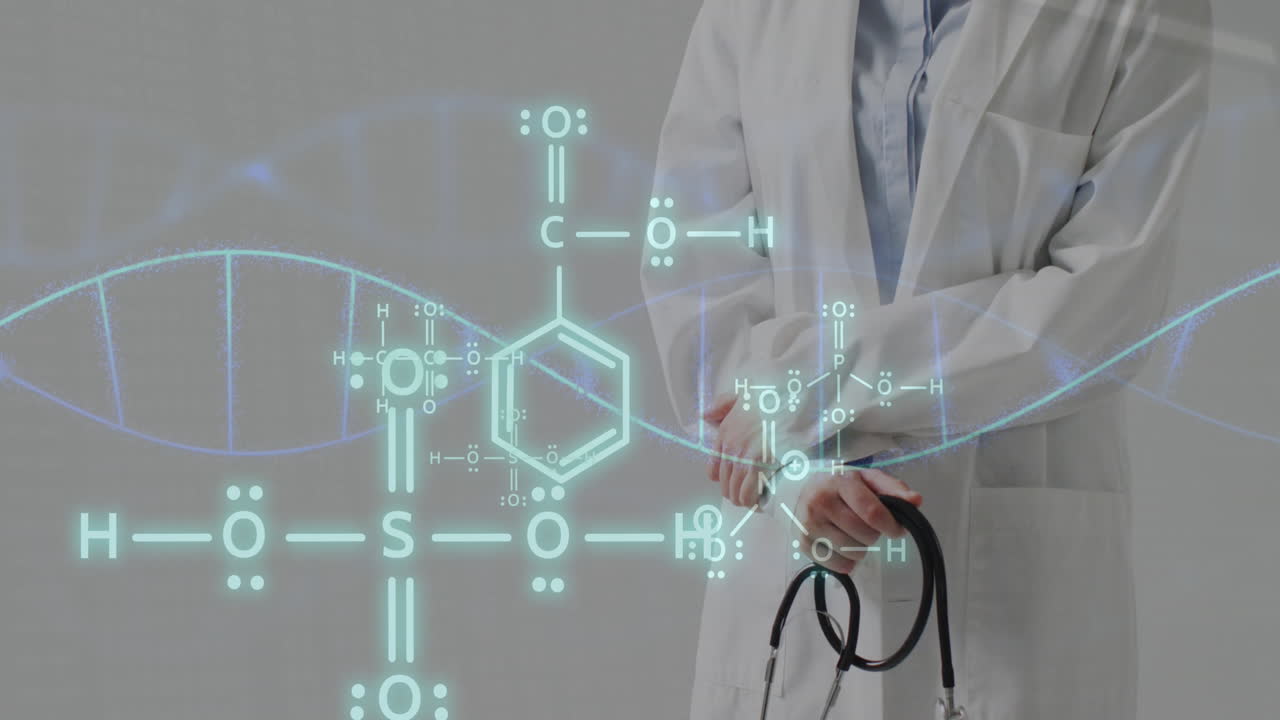 스테토스코프를 가진 백인 여성 의사에 대한 화학 구조의 애니메이션