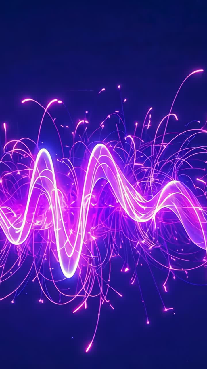 Vertical video: Loop initiating neon pink waveform pulsing in dark space, with sparks, light trails
