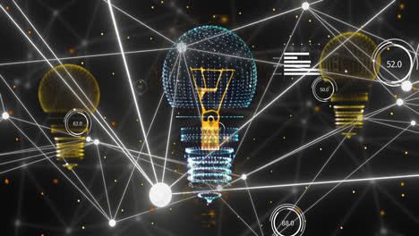 Animation-Eines-Netzwerks-Aus-Verbindungen-Und-Glühbirnen-Auf-Schwarzem-Hintergrund