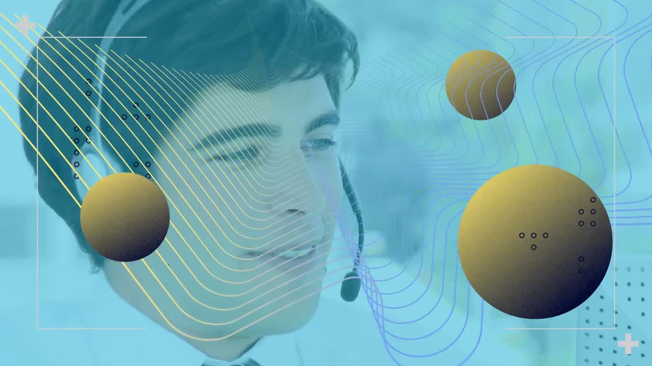 전화 헤드을 사용하는 백인 사업가에 대한 모양의 애니메이션.