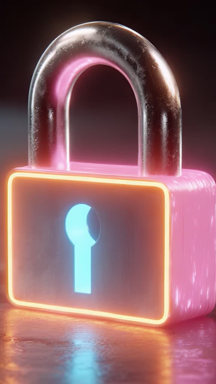 Un rendering in 3D accattivante di un vivace lucchetto rosa e metallico, valorizzato da illuminazione al neon, che mette in mostra l'intersezione tra sicurezza ed estetica moderna