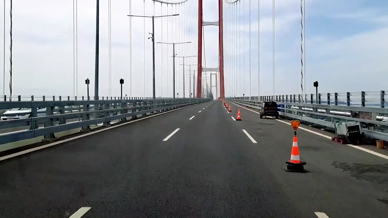 Driving over the Worlds longest suspension road toll bridge Canakkale 1915