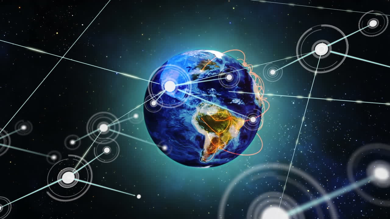 анимация сети соединений по всему земному шару и звездам