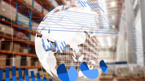 animation of statistics and data processing with globe over warehouse