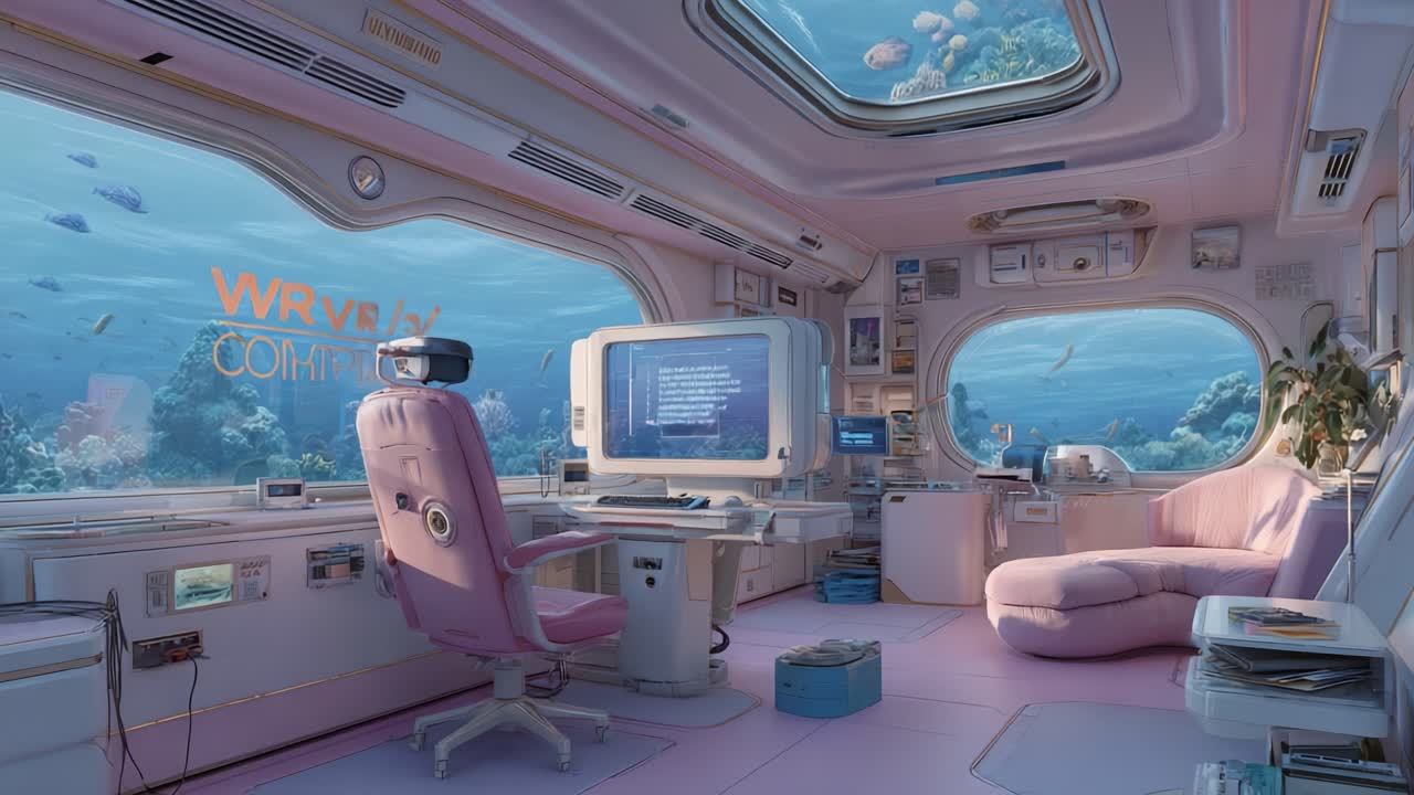 A Stunning Futuristic Underwater Office Workspace with a Soft Pink Color Palette, Offering Panoramic Views of Marine Life Through Large Windows in a Tranquil Oceanic Setting Surrounded by Lush Corals