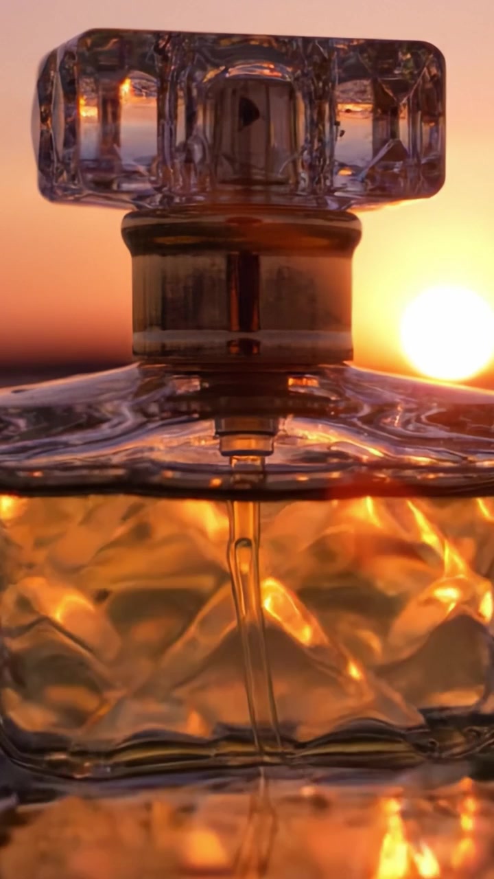 Momenti Catturati: L'Essenza Dorata della Fragranza al Tramonto – Una Boccetta di Profumo che Risplende Contro l'Orizzonte Vibrante, Evocando Eleganza e Atmosfera.