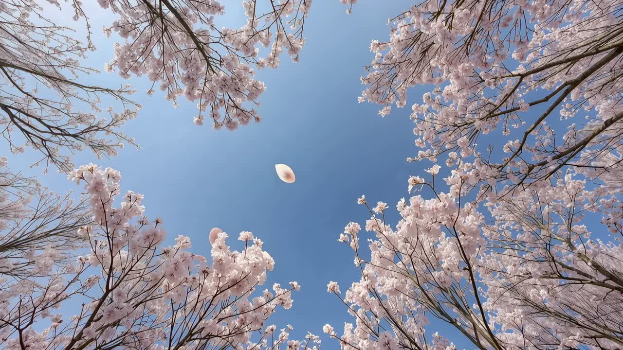 Drifting cherry blossom petals falling from branches as light breeze lifting toward camera in park