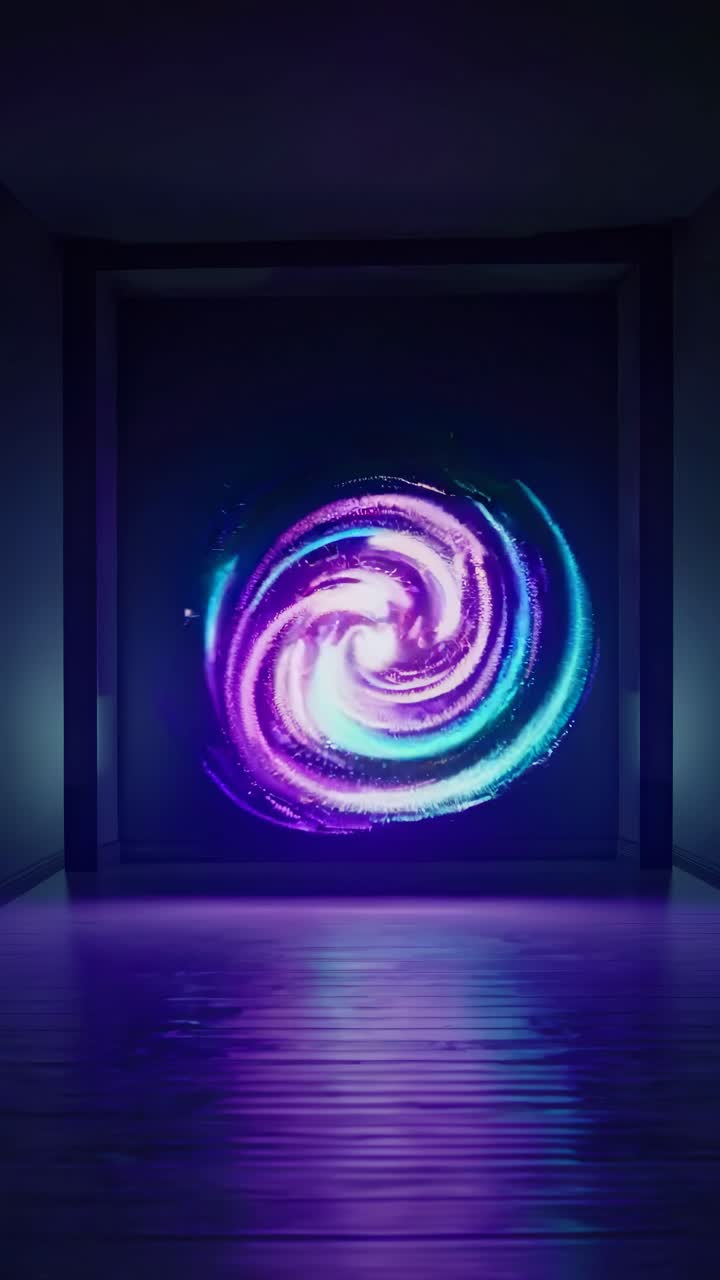 A mesmerizing video of a neon spiral in a dark room, captured from a low angle