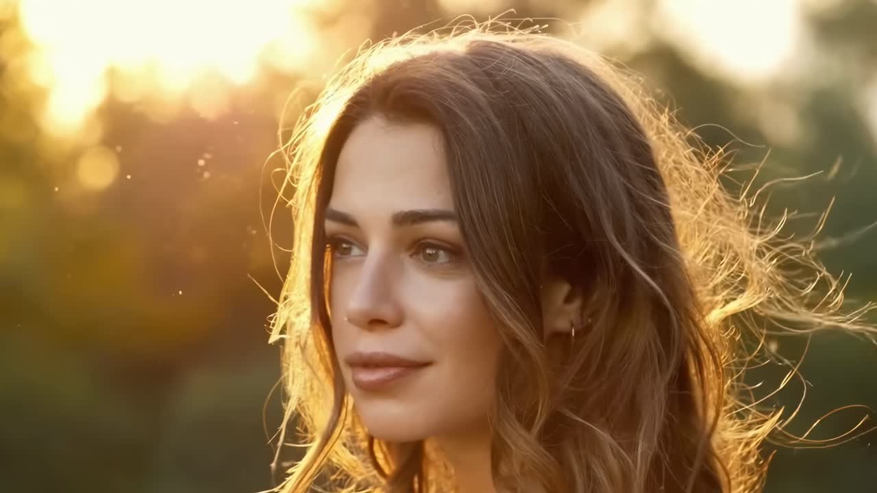 Primo piano video all'ora d'oro di una donna con i capelli retroilluminati, creando un'atmosfera sognante e serena.