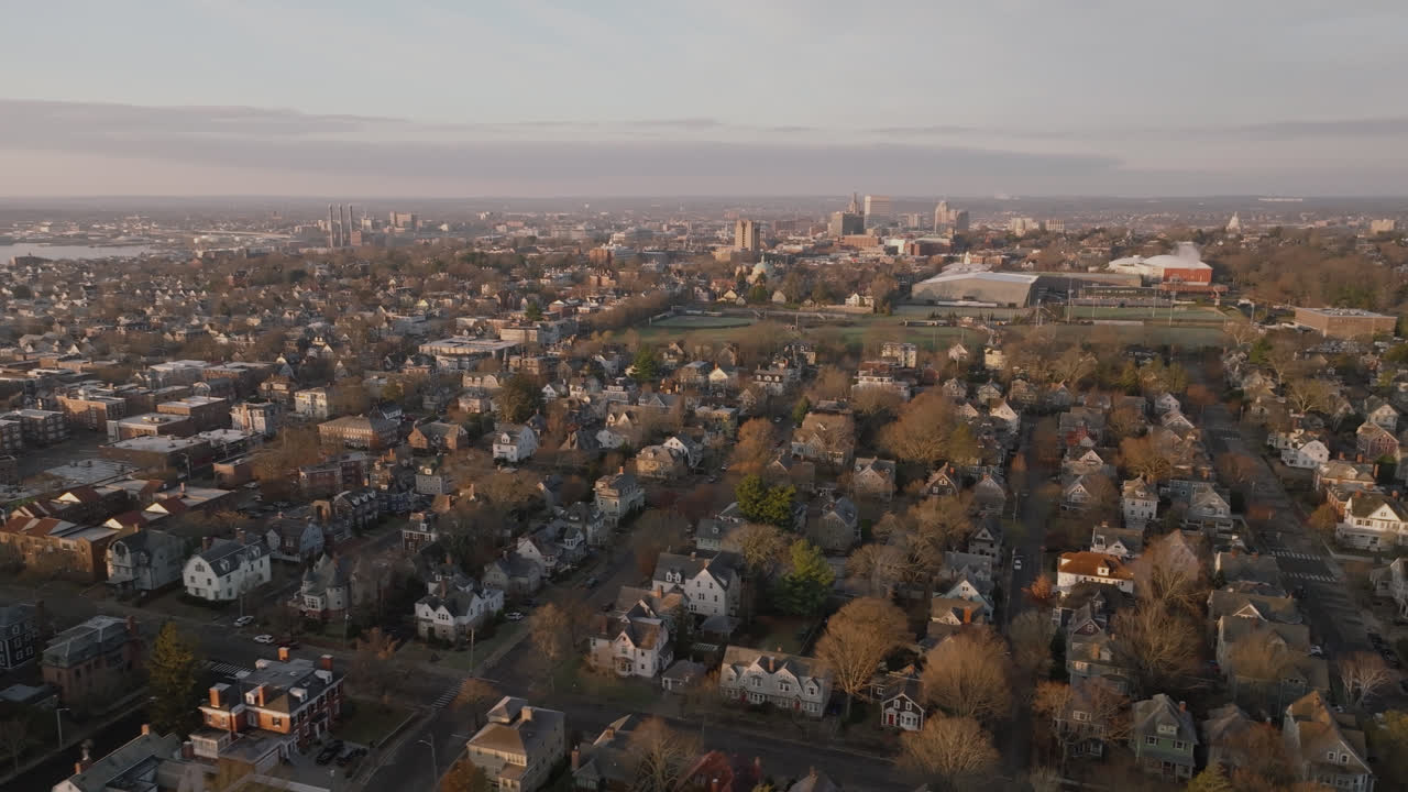 Aerial view of Providence, Rhode Island at sunrise. Shot in Rhode Island on an autumn morning