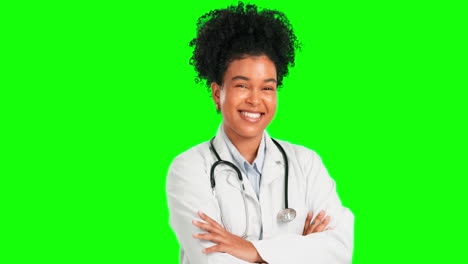 Doctor,-arms-crossed-and-smile-with-woman-on-green