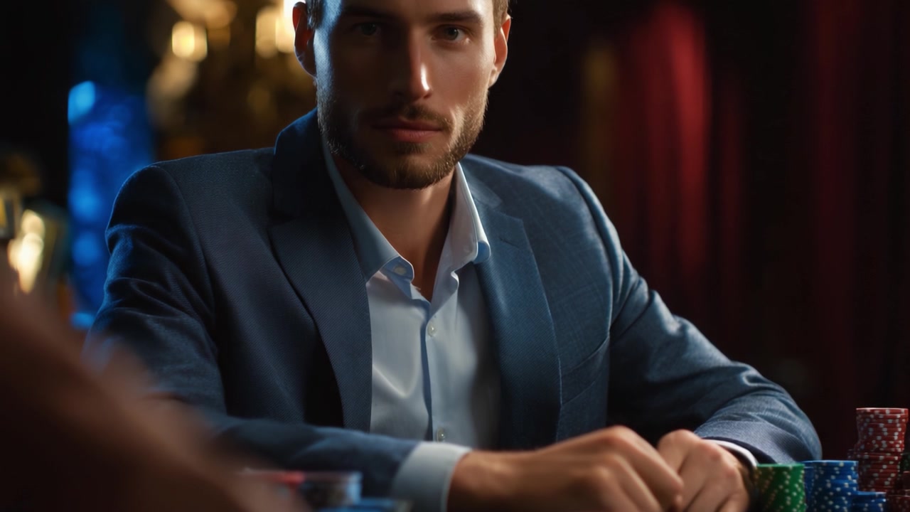 Un giocatore fiducioso al tavolo del casinò: momenti di concentrazione e strategia nel poker ad alte puntate con fiches colorate ed espressioni intense.
