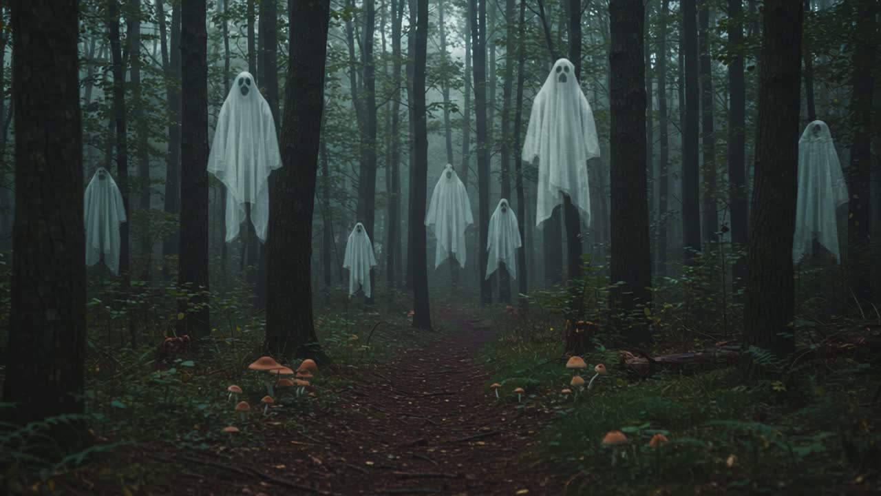 Eerie Apparitions: A Mysterious Encounter with Ghostly Figures in a Foggy Forest, Evoking the Essence of the Supernatural and the Unknown
