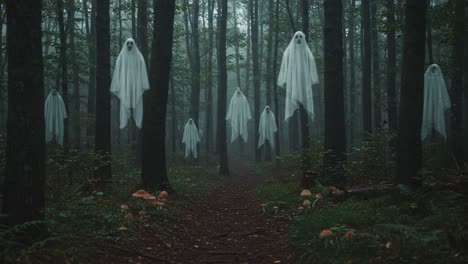 eerie apparitions: a mysterious encounter with ghostly figures in a foggy forest, evoking the essence of the supernatural and the unknown