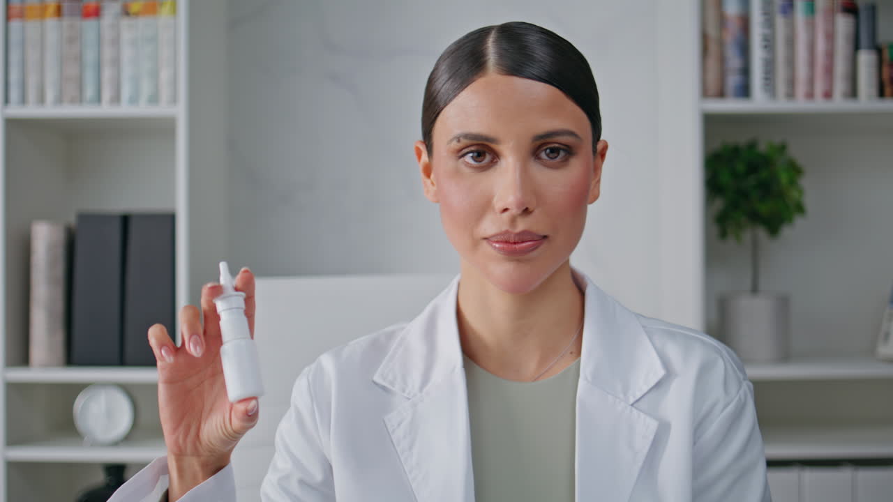 Woman doctor proposing medicines at clinic closeup. Physician showing nose spray