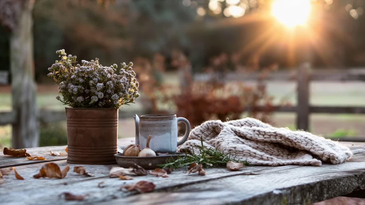 Warm sunlight illuminating a rustic wooden table adorned with autumn leaves, a knitted blanket, a cup of tea, dried flowers, garlic bulbs, and rosemary sprigs