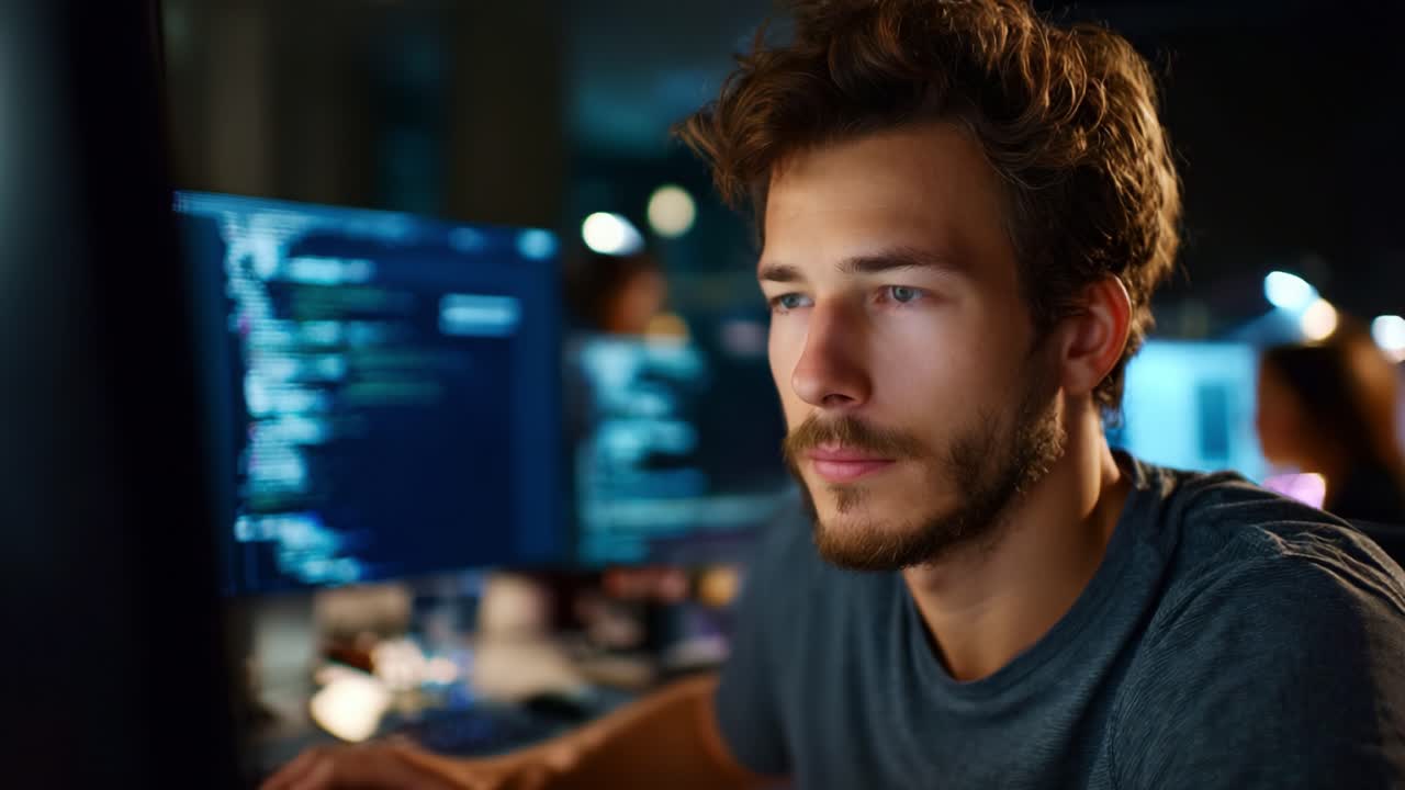 Focused Programmer Working Late at Night on Computer Code in a Dimly Lit Room with Multiple Monitors Displaying Lines of Programming Languages and Syntax