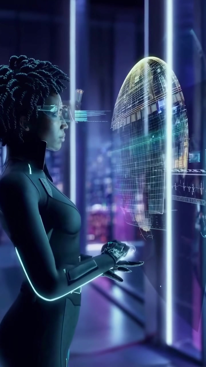 Futuristic Woman Interacting with Holographic Data Interface