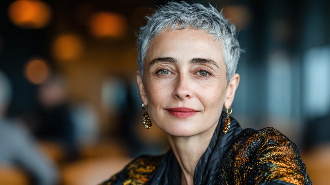 A Dynamic Portrait of an Elegant Woman with Short Silver Hair, Radiating Confidence and Style in a Modern, Warm Atmosphere