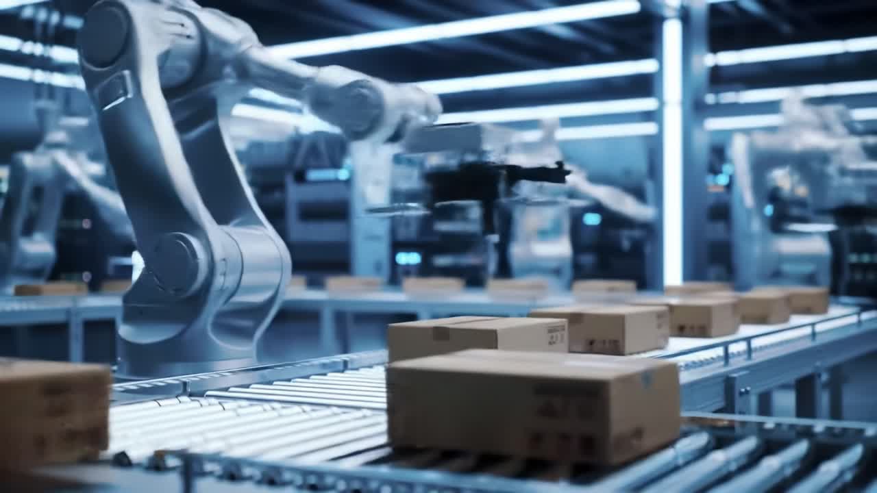 Advanced Robotic Automation in a Modern Warehouse: Exploring the Precision and Efficiency of Robotic Arms in Package Handling and Sorting Processes