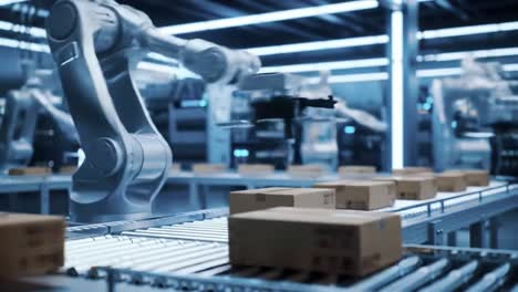 advanced robotic automation in a modern warehouse: exploring the precision and efficiency of robotic arms in package handling and sorting processes