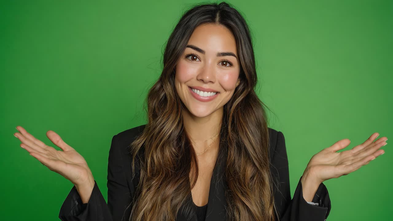 A Confident Young Woman Smiling and Gesturing with Open Hands Against a Bright Green Background, Emphasizing Communication and Engagement in a Welcoming Manner
