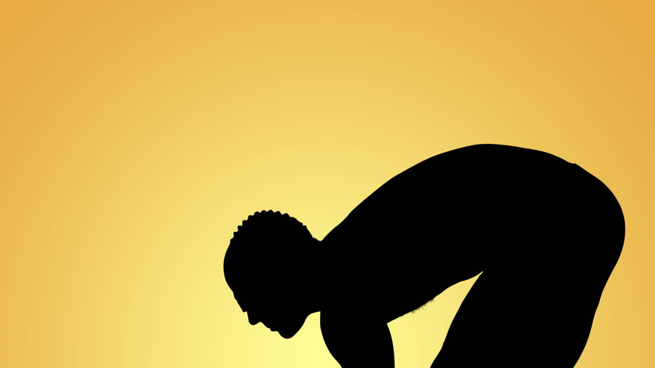 animación de la silueta de un nadador masculino que se prepara para bucear sobre fondo amarillo